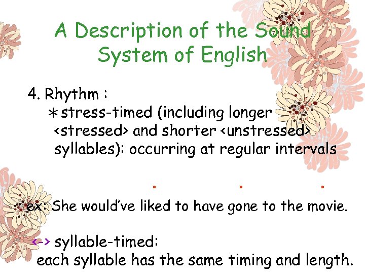 A Description of the Sound System of English 4. Rhythm : ＊stress-timed (including longer