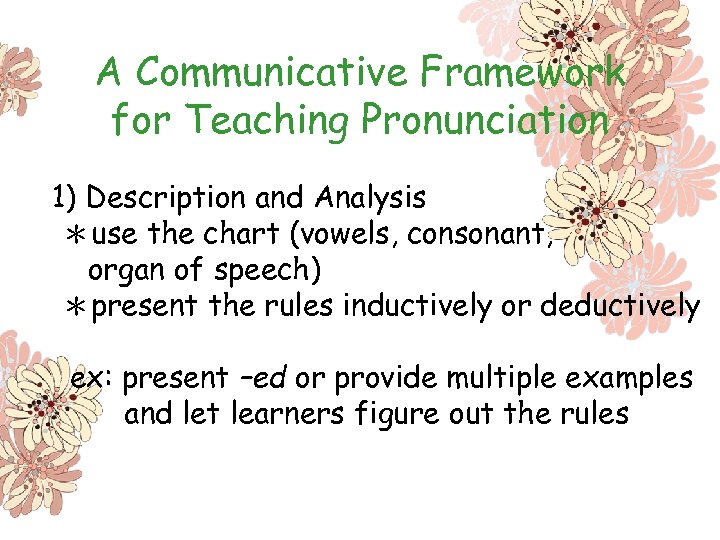 A Communicative Framework for Teaching Pronunciation 1) Description and Analysis ＊use the chart (vowels,