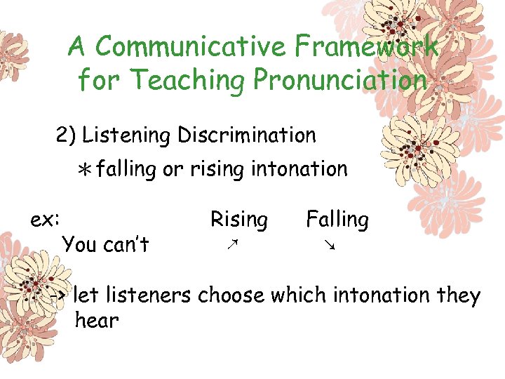 A Communicative Framework for Teaching Pronunciation 2) Listening Discrimination ＊falling or rising intonation ex: