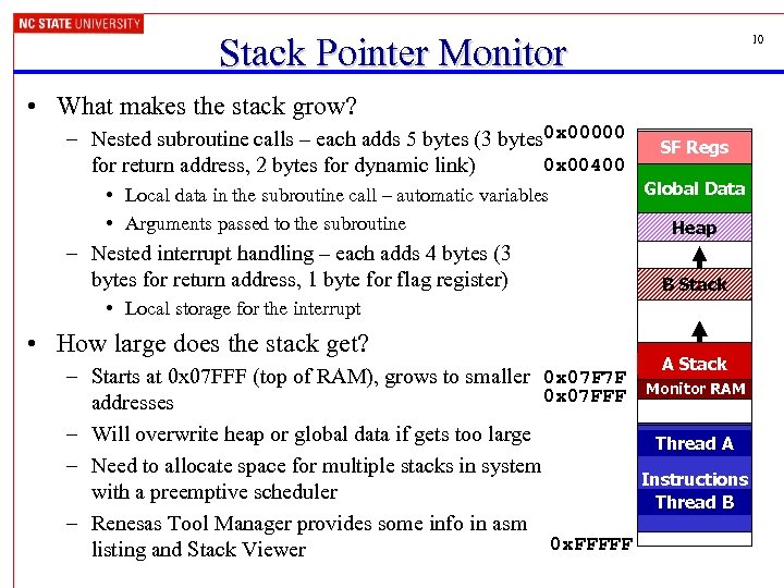 Stack Pointer Monitor 10 • What makes the stack grow? – Nested subroutine calls