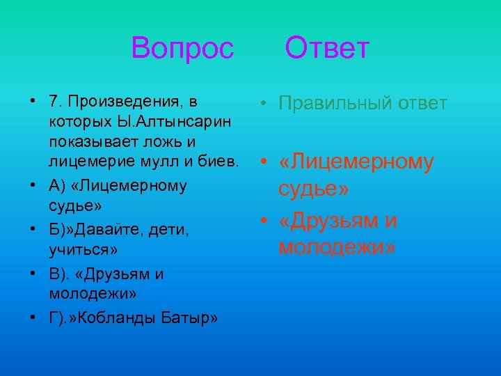 Вопрос • 7. Произведения, в которых Ы. Алтынсарин показывает ложь и лицемерие мулл и