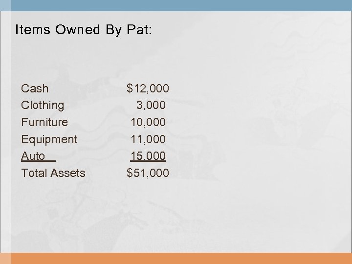 Items Owned By Pat: Cash Clothing Furniture Equipment Auto Total Assets $12, 000 3,