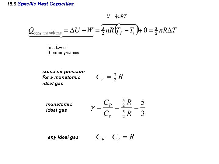 15. 6 Specific Heat Capacities first law of thermodynamics constant pressure for a monatomic