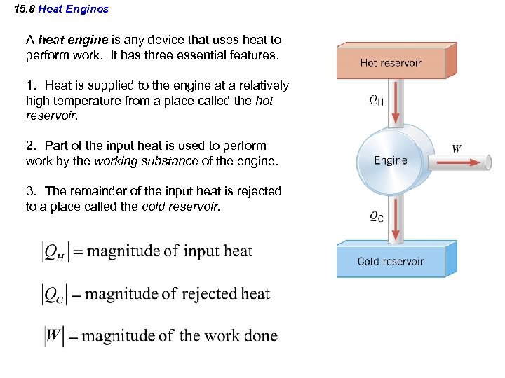 15. 8 Heat Engines A heat engine is any device that uses heat to