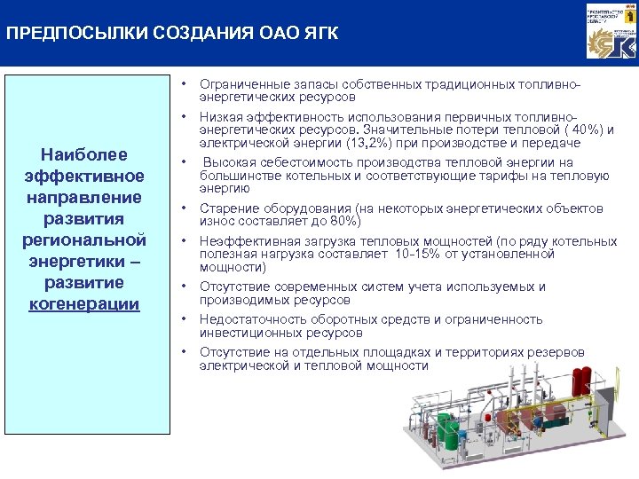ПРЕДПОСЫЛКИ СОЗДАНИЯ ОАО ЯГК Наиболее эффективное направление развития региональной энергетики – развитие когенерации •