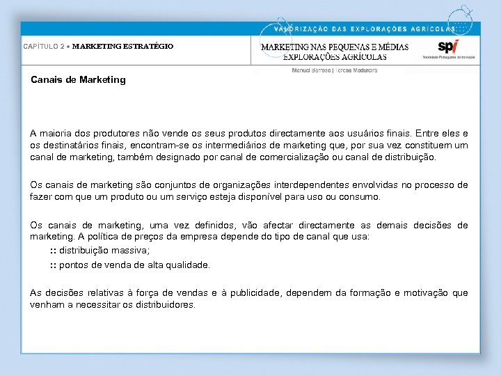 CAPÍTULO 2 ● MARKETING ESTRATÉGIO Canais de Marketing A maioria dos produtores não vende