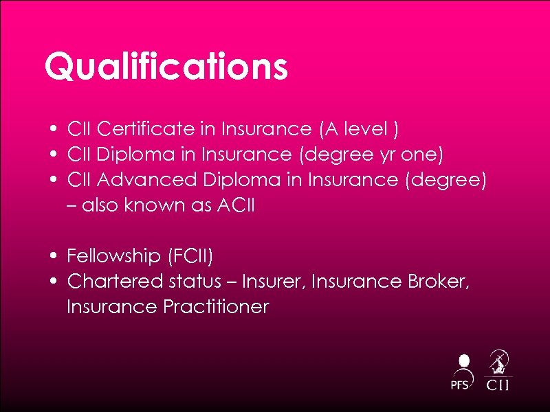 Qualifications • CII Certificate in Insurance (A level ) • CII Diploma in Insurance