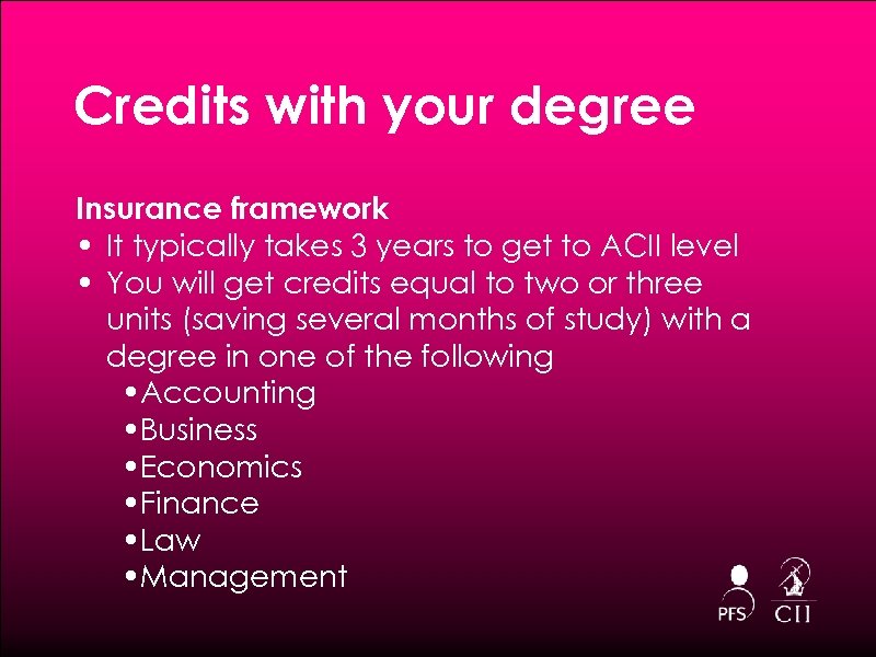 Credits with your degree Insurance framework • It typically takes 3 years to get