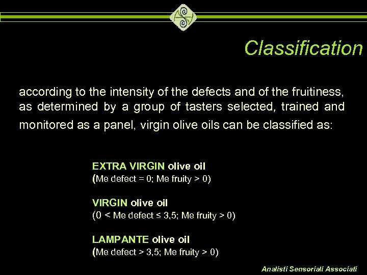 Classification according to the intensity of the defects and of the fruitiness, as determined