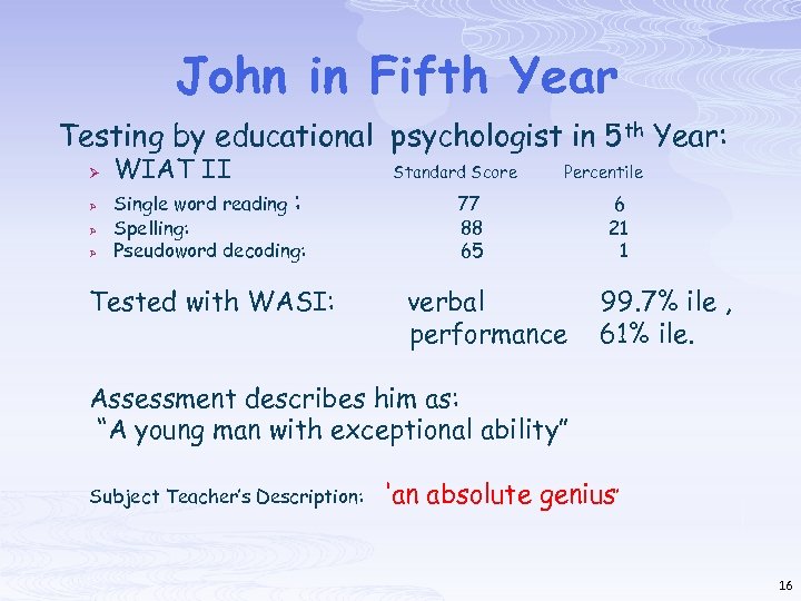 John in Fifth Year Testing by educational psychologist in 5 th Year: Ø Ø