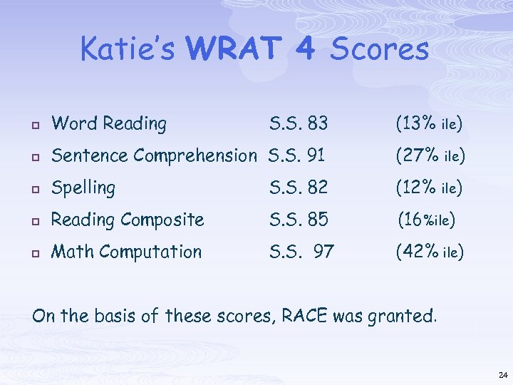 Katie’s WRAT 4 Scores p Word Reading S. S. 83 (13% ile) p Sentence