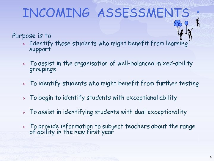 INCOMING ASSESSMENTS Purpose is to: Ø Identify those students who might benefit from learning
