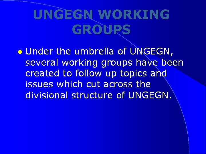 UNGEGN WORKING GROUPS l Under the umbrella of UNGEGN, several working groups have been