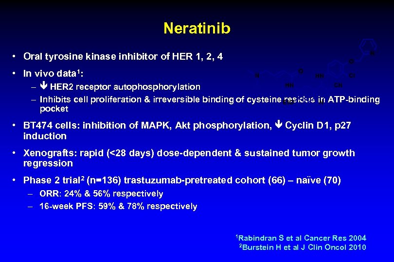 Neratinib N • Oral tyrosine kinase inhibitor of HER 1, 2, 4 • In