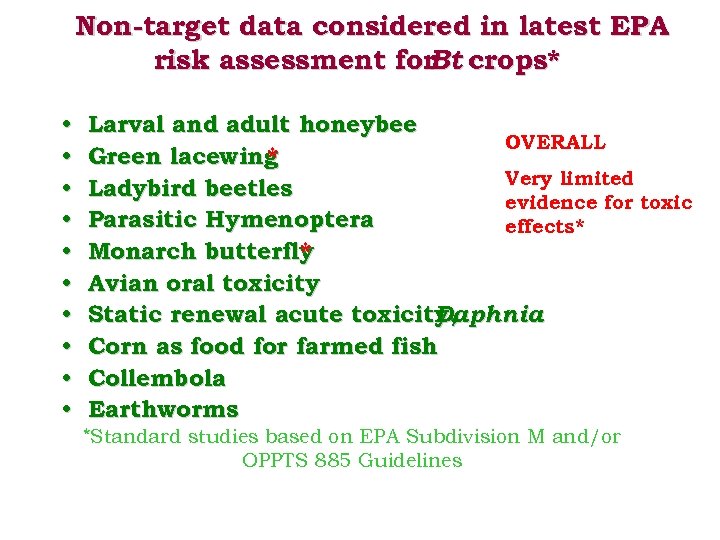 Non-target data considered in latest EPA risk assessment for crops* Bt • • •