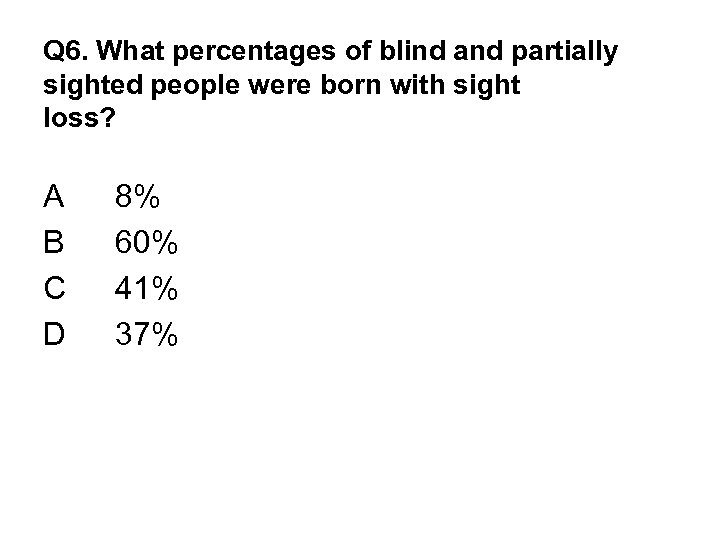 Q 6. What percentages of blind and partially sighted people were born with sight
