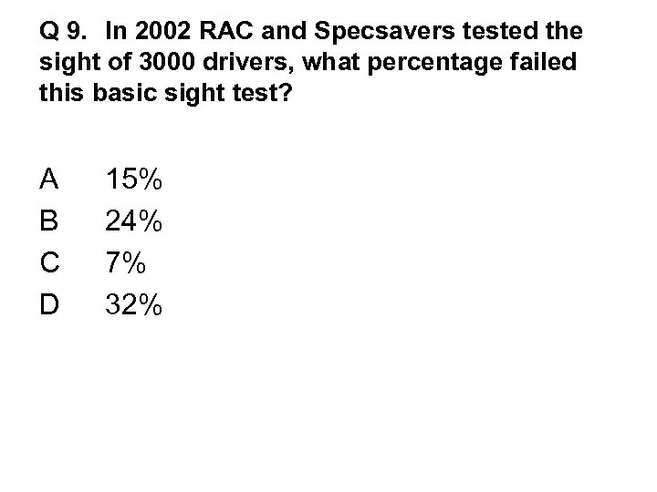 Q 9. In 2002 RAC and Specsavers tested the sight of 3000 drivers, what