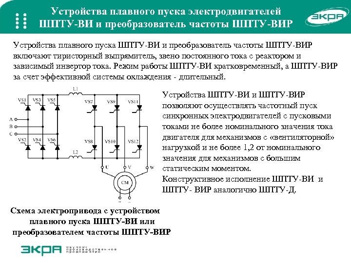 Устройства плавного пуска электродвигателей ШПТУ-ВИ и преобразователь частоты ШПТУ-ВИР Устройства плавного пуска ШПТУ-ВИ и