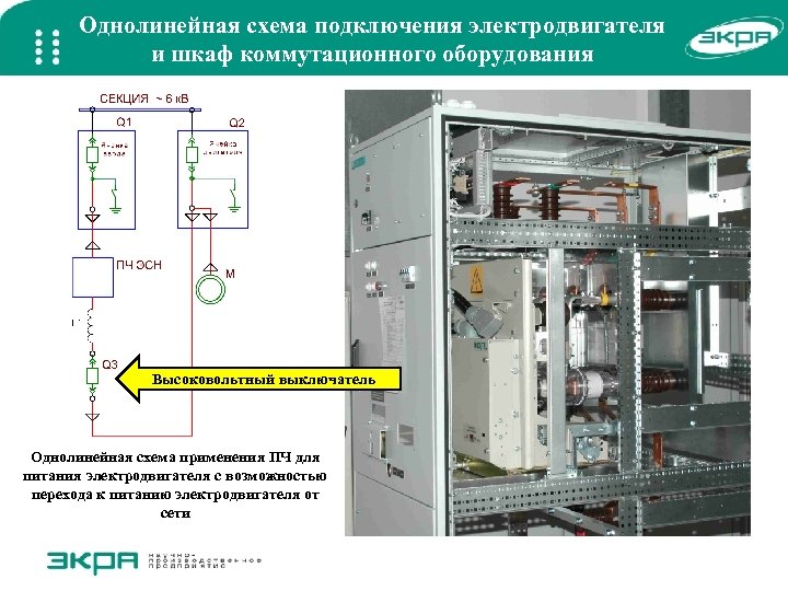 Однолинейная схема подключения электродвигателя и шкаф коммутационного оборудования Высоковольтный выключатель Однолинейная схема применения ПЧ