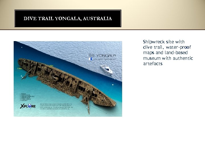 DIVE TRAIL YONGALA, AUSTRALIA Shipwreck site with dive trail, water-proof maps and land-based museum