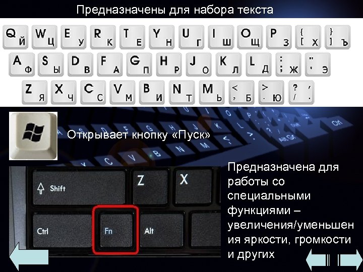 Предназначены для набора текста Открывает кнопку «Пуск» Предназначена для работы со специальными функциями –