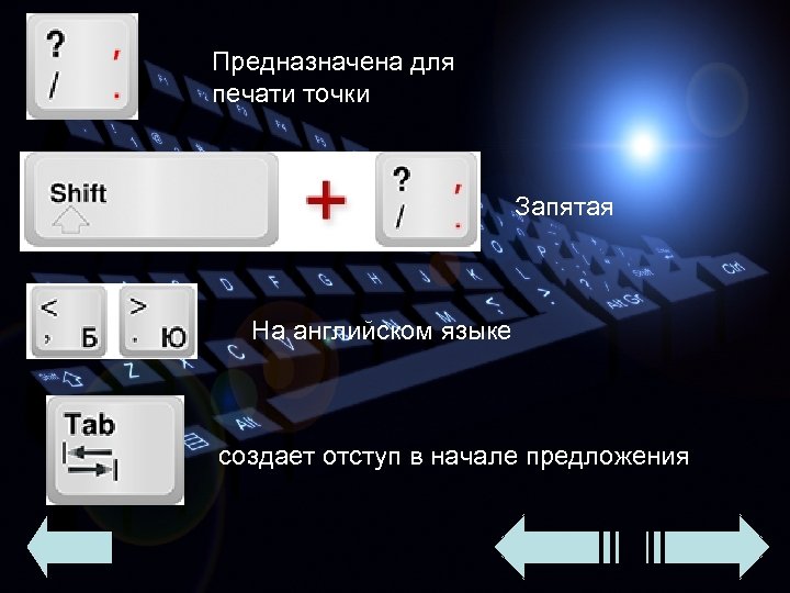 Предназначена для печати точки Запятая На английском языке создает отступ в начале предложения 