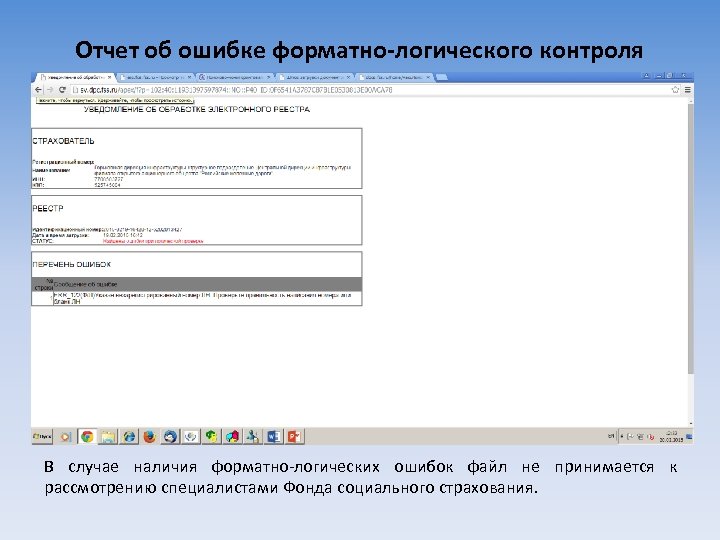 Отчет об ошибке форматно-логического контроля В случае наличия форматно-логических ошибок файл не принимается к