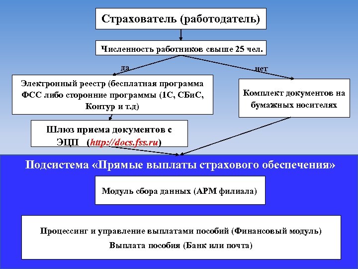 Страхователь (работодатель) Численность работников свыше 25 чел. да Электронный реестр (бесплатная программа ФСС либо