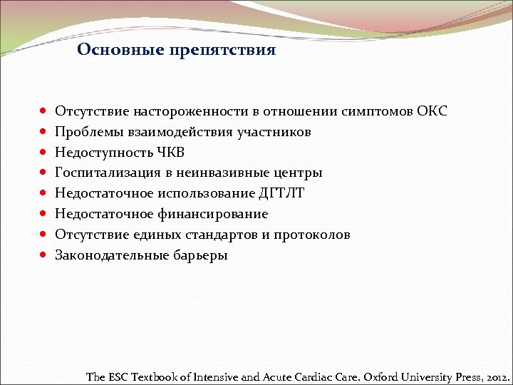 Основные препятствия Отсутствие настороженности в отношении симптомов ОКС Проблемы взаимодействия участников Недоступность ЧКВ Госпитализация