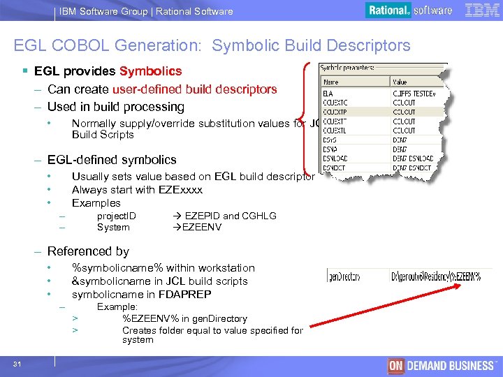 IBM Software Group | Rational Software EGL COBOL Generation: Symbolic Build Descriptors § EGL