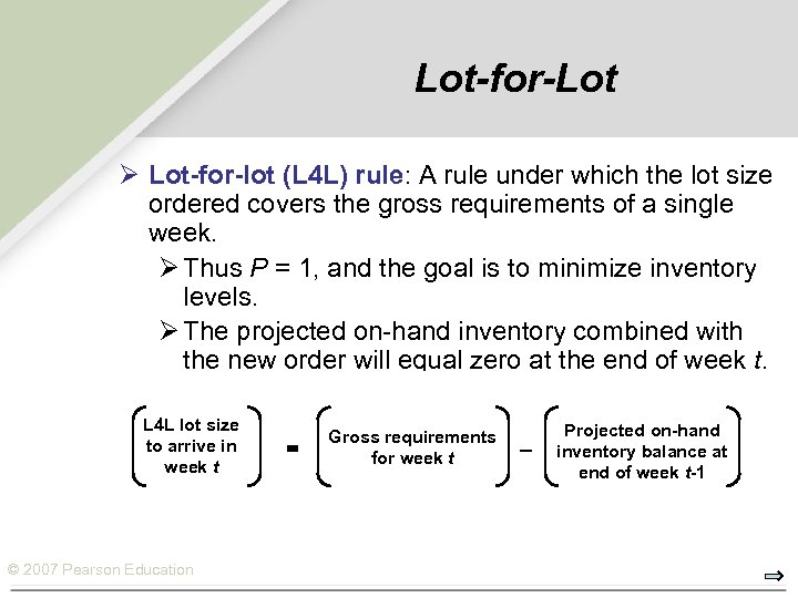 Lot-for-Lot Ø Lot-for-lot (L 4 L) rule: A rule under which the lot size