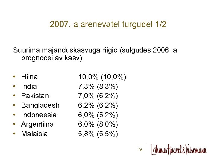 2007. a arenevatel turgudel 1/2 Suurima majanduskasvuga riigid (sulgudes 2006. a prognoositav kasv): •