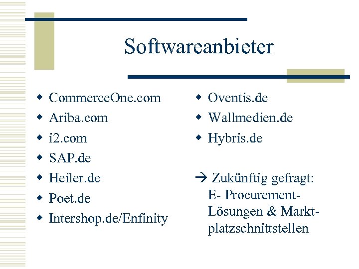 Softwareanbieter w w w w Commerce. One. com Ariba. com i 2. com SAP.