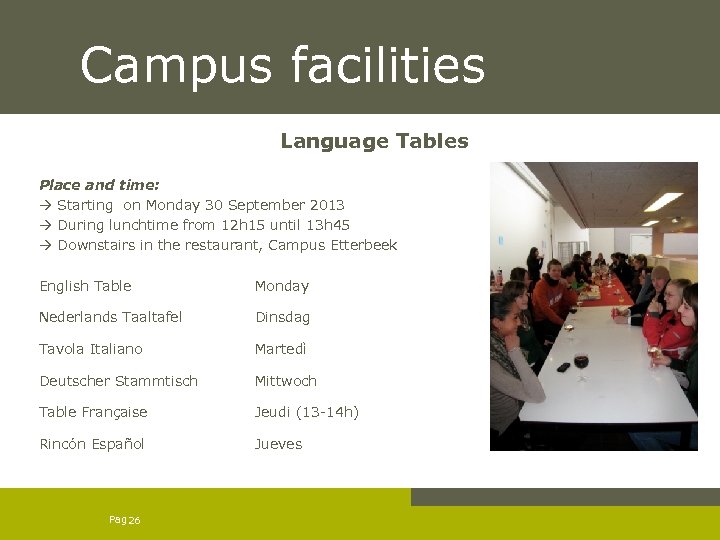  Campus facilities Language Tables Place and time: Starting on Monday 30 September 2013