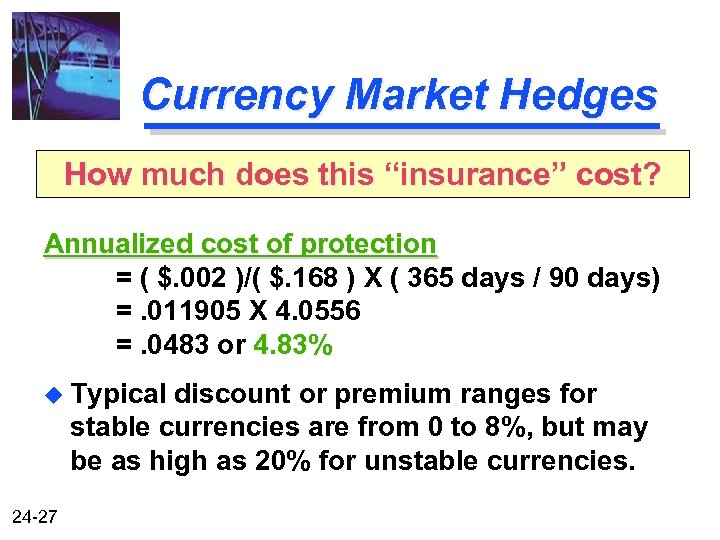 Currency Market Hedges How much does this “insurance” cost? Annualized cost of protection =