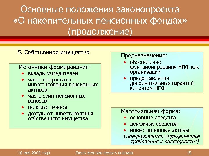 Основные положения законопроекта «О накопительных пенсионных фондах» (продолжение) 5. Собственное имущество Источники формирования: •