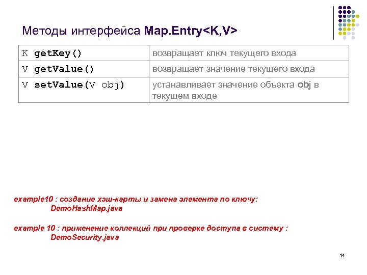 Методы интерфейса Map. Entry<K, V> K get. Key() возвращает ключ текущего входа V get.