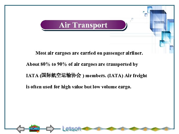 Air Transport Most air cargoes are carried on passenger airliner. About 80% to 90%