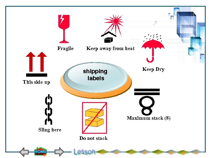 Fragile This side up Keep away from heat Keep Dry shipping labels Maximum stack