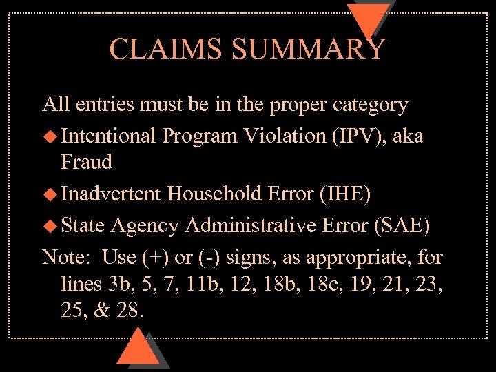 CLAIMS SUMMARY All entries must be in the proper category u Intentional Program Violation