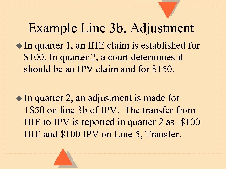 Example Line 3 b, Adjustment u In quarter 1, an IHE claim is established
