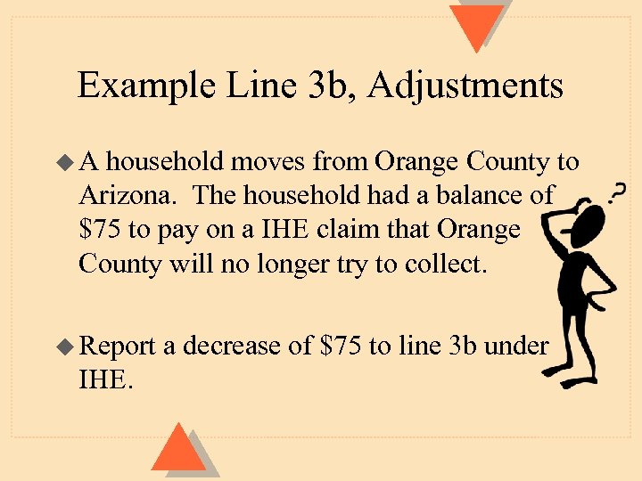 Example Line 3 b, Adjustments u. A household moves from Orange County to Arizona.
