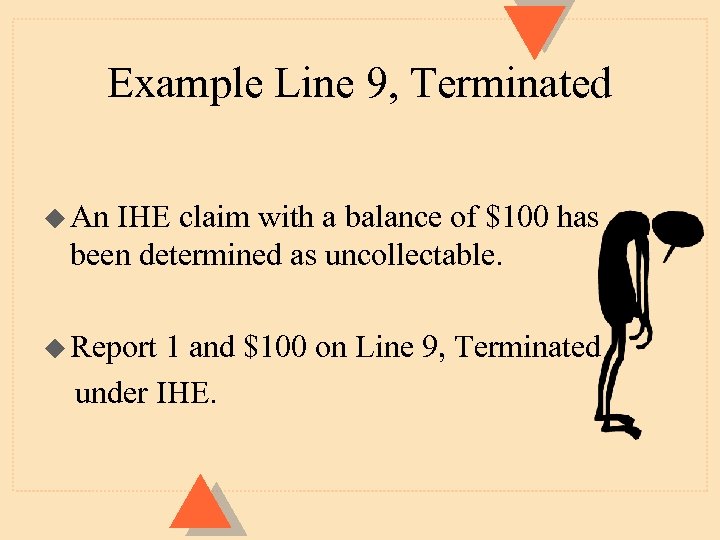 Example Line 9, Terminated u An IHE claim with a balance of $100 has
