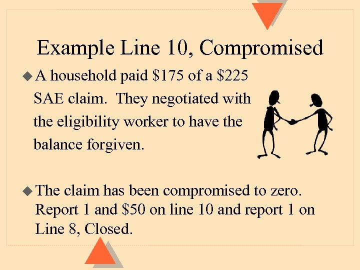 Example Line 10, Compromised u. A household paid $175 of a $225 SAE claim.