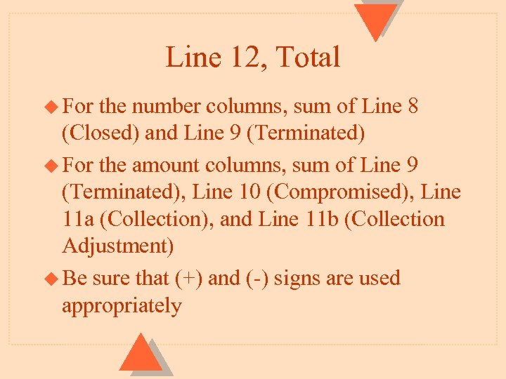 Line 12, Total u For the number columns, sum of Line 8 (Closed) and