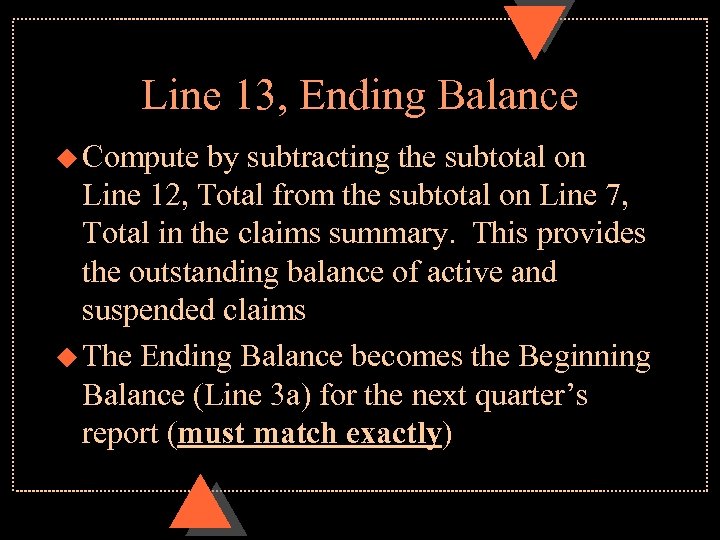 Line 13, Ending Balance u Compute by subtracting the subtotal on Line 12, Total