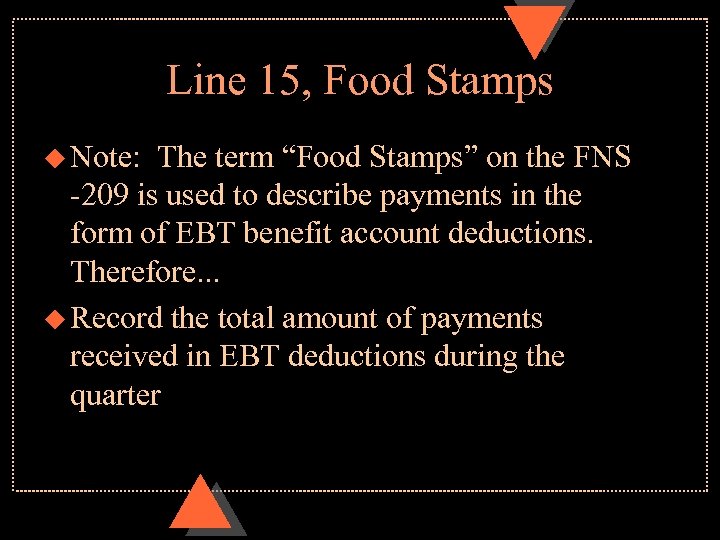 Line 15, Food Stamps u Note: The term “Food Stamps” on the FNS -209