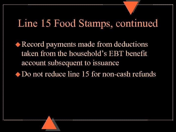 Line 15 Food Stamps, continued u Record payments made from deductions taken from the
