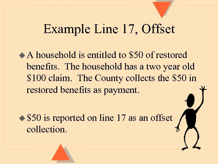 Example Line 17, Offset u. A household is entitled to $50 of restored benefits.