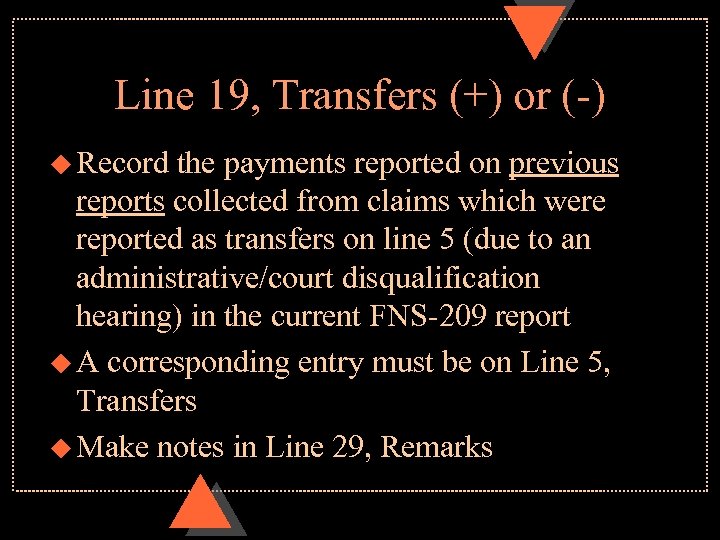 Line 19, Transfers (+) or (-) u Record the payments reported on previous reports